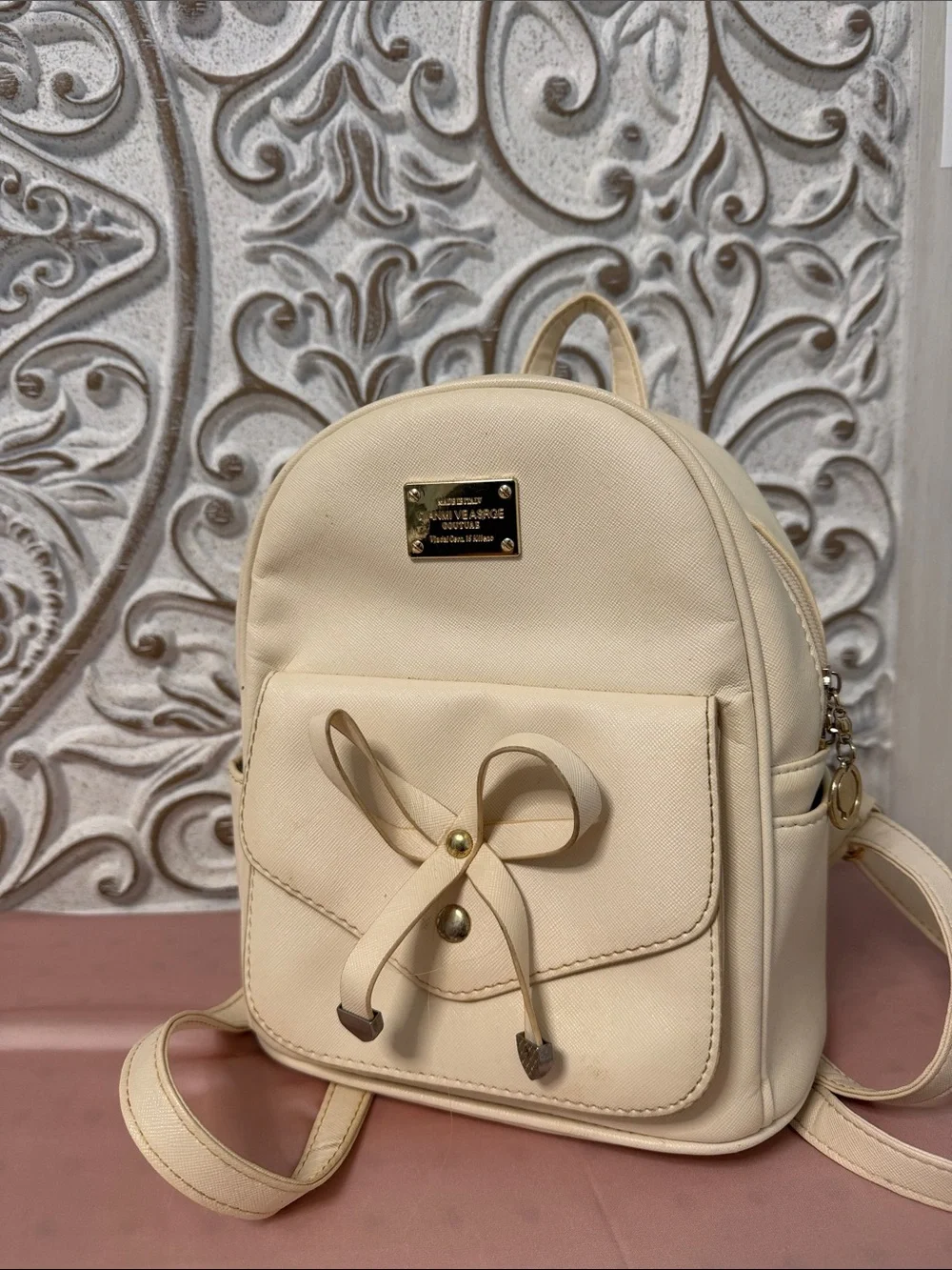 Cream Mini Backpack with Bow Accent - Women Bags